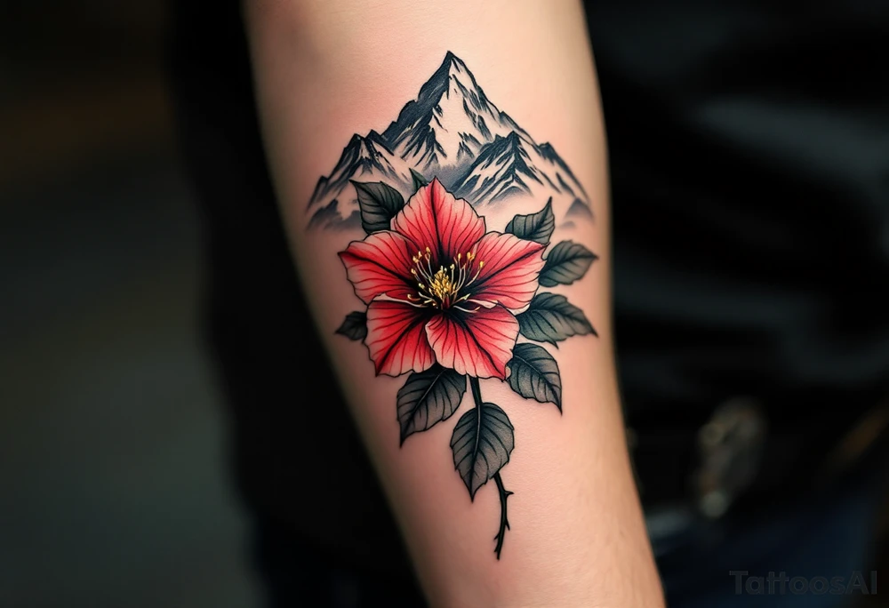 red  and black rhododendron trippy with Himalayas behind tattoo idea