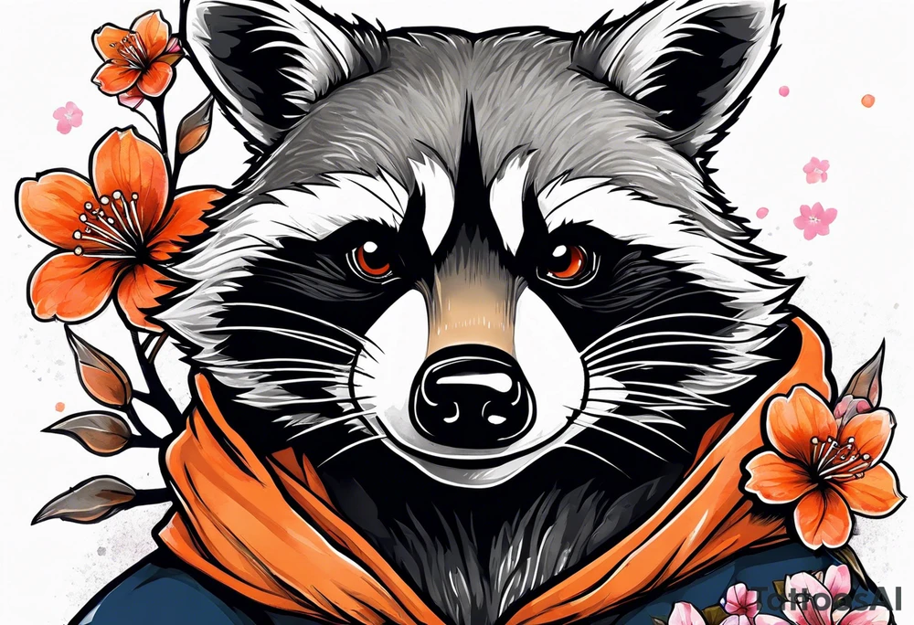 Raccoon wearing a white Superman logo on a black hoodie and orange Japanese cherry blossoms tattoo idea