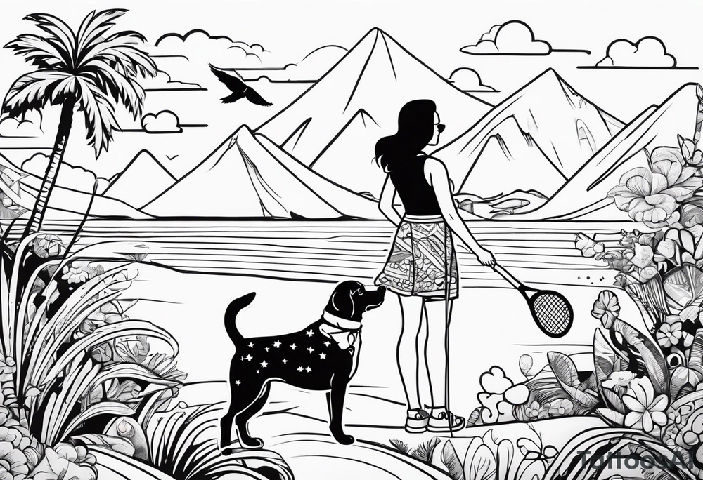 Beach Mountain Racket dog and woman tattoo idea