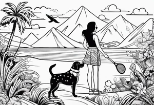 Beach Mountain Racket dog and woman tattoo idea
