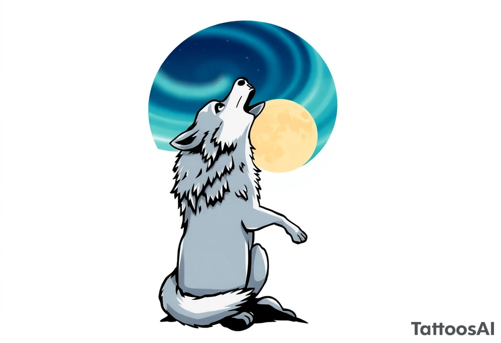 lone wolf howling at full moon with northern lights backdrop tattoo idea