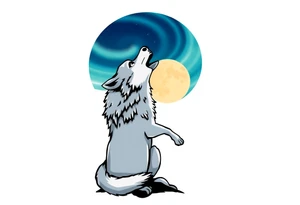 lone wolf howling at full moon with northern lights backdrop tattoo idea