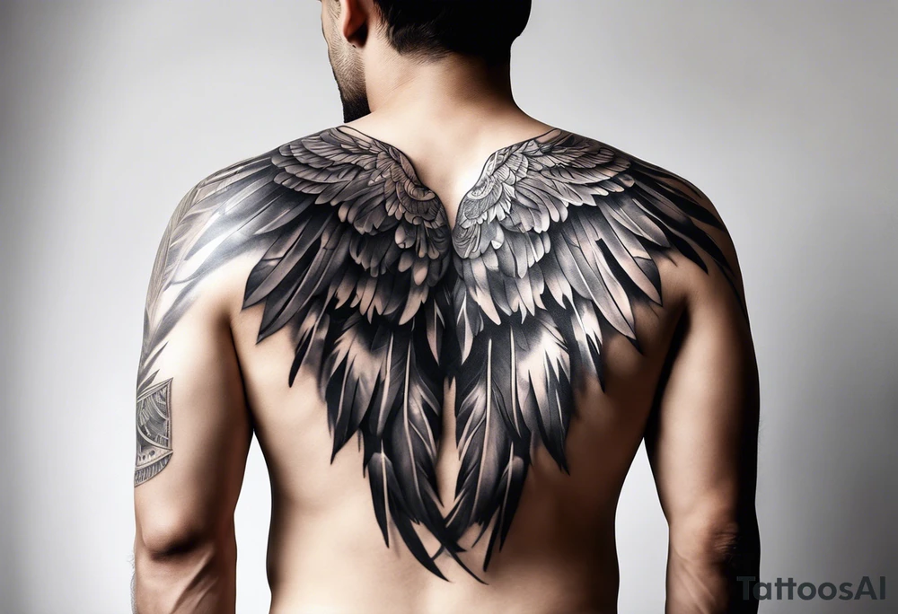 wings tattoo extending from a mens shoulders, covering the upper arms and upper back. The feathers are intricately detailed, with soft shading in black and gray to create depth and texture. tattoo idea