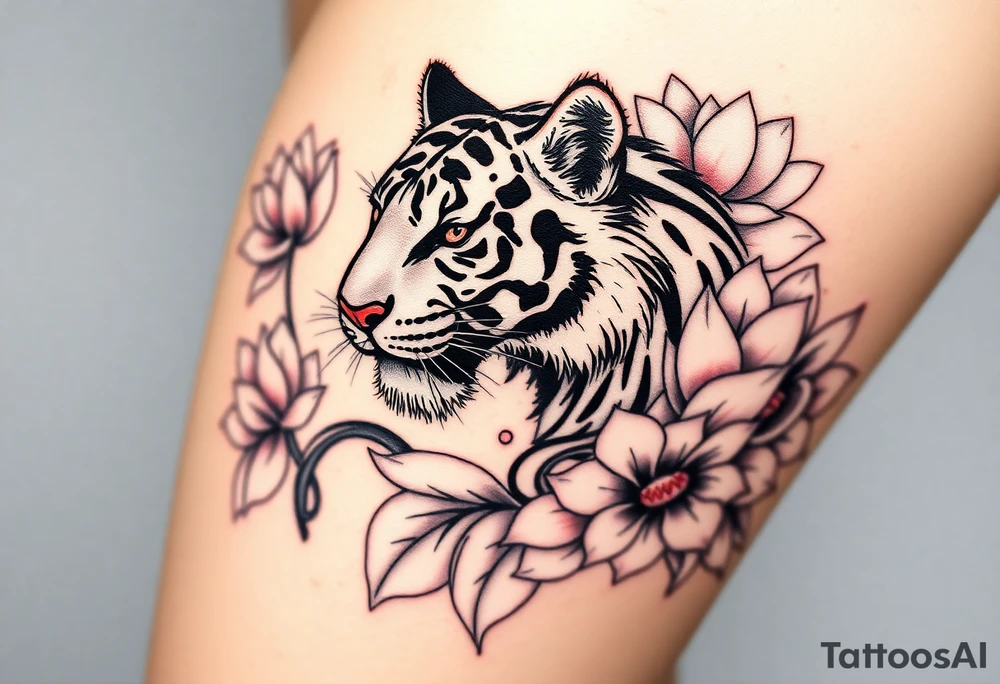 fierce tiger emerging through blooming lotus flowers in mist tattoo idea
