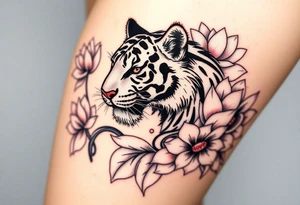 fierce tiger emerging through blooming lotus flowers in mist tattoo idea