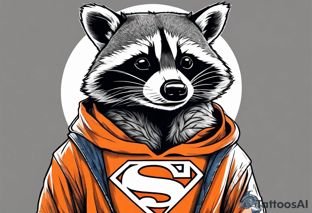 Raccoon wearing an orange Superman hoodie tattoo idea