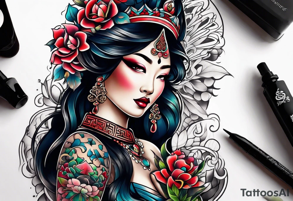 Asian Queen Of Spades tattoo sleeve tattoo idea