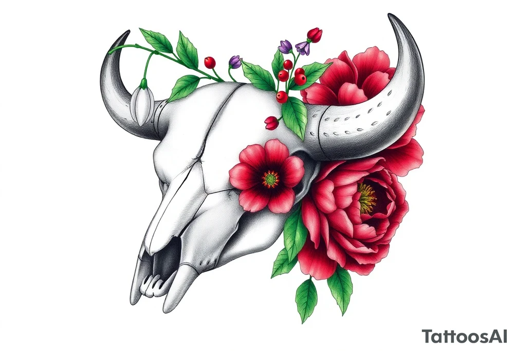 Buffalo or bison skull with flowers. Snow drop and red peony. Green holly with red berries, purple larkspur, red peony.  Colour. For upper arm or shoulder. Masculin. tattoo idea