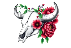 Buffalo or bison skull with flowers. Snow drop and red peony. Green holly with red berries, purple larkspur, red peony.  Colour. For upper arm or shoulder. Masculin. tattoo idea