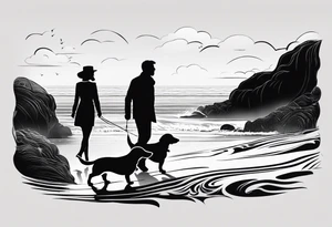 Two men and a woman, a small wire-haired dachshund are walking along the seashore. An invisible guy is next to them tattoo idea