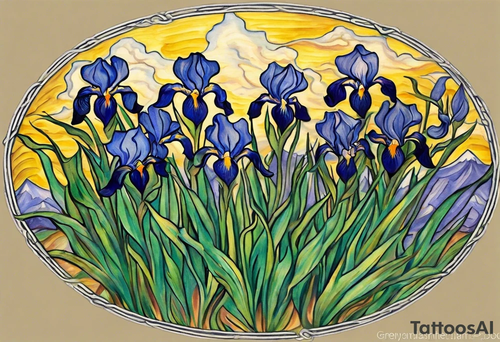 Create a small, thick, colorful Vincent van Gogh Irises tattoo, with vines in Celtic knots gracefully intertwining at mountains need to be present. The intended placement is on the upper chest. The overall design should be small in size while maintaining a delicate and artistic aesthetic. Pay attention to the graceful flow of the vines and the placement of the irises to achieve a refined and elegant look. tattoo idea
