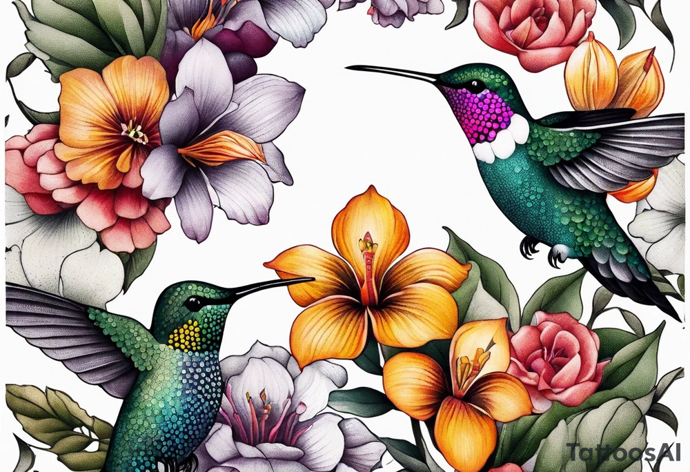 botanical, flowers, colorful, different, hummingbird tattoo idea
