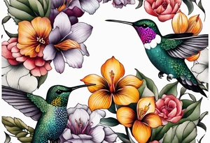botanical, flowers, colorful, different, hummingbird tattoo idea
