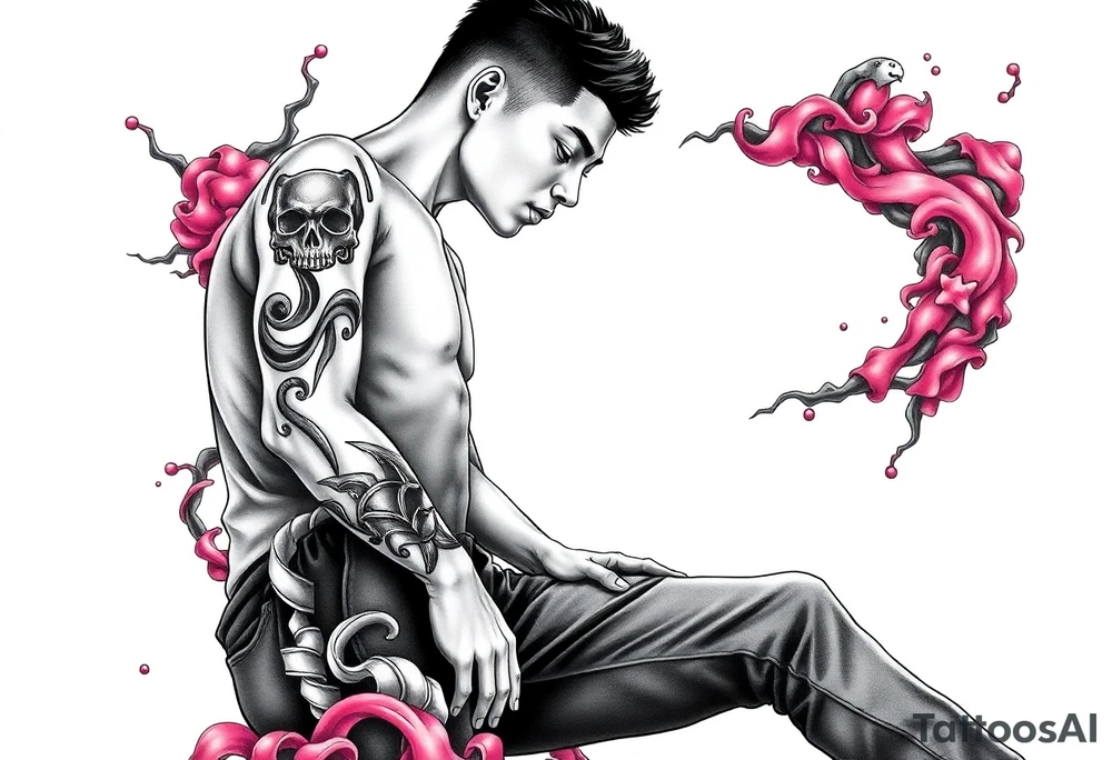 Handsome Asian young guy is standing on his knees and looking down tattoo idea