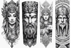 Arm sleeve. Mixed gods including. 
Greek gods & Egyptian gods & norse gods tattoo idea