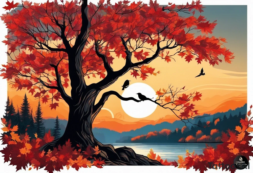 Arm tattoo. Long tattoo. Full sleeve. Shoulder. A single large maple tree with red autumn leaves that branches upwards from wrist to shoulder. White-throated dipper bird on the trees branches. Calluna flowers at the base of the trees stem. Tree stem has dark colors. Red/yellow sunset behind the trees stem. Leaves falling. tattoo idea