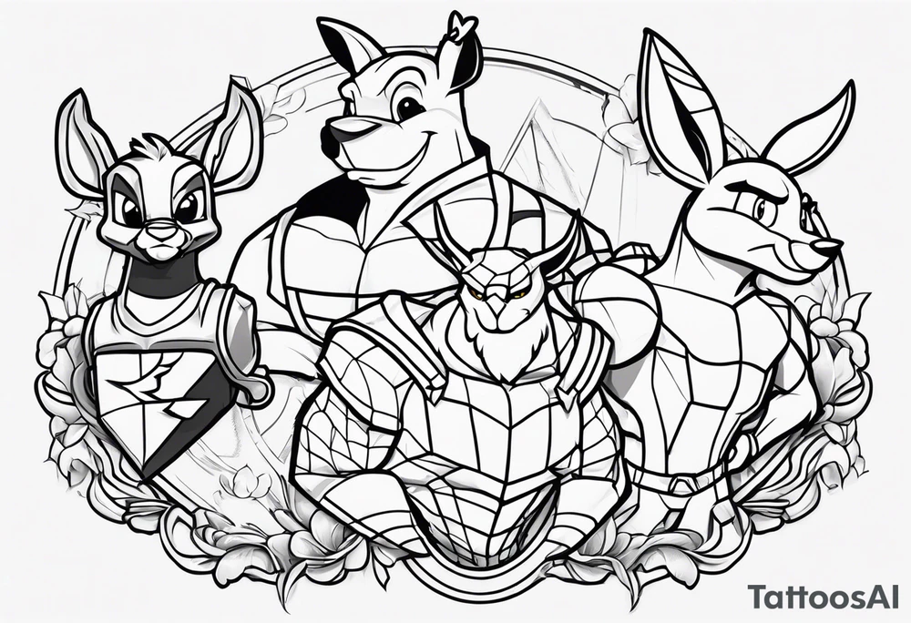 draw a sketch of a calf tattoo with cartoon characters from the 90s: Bart Simson, well, wait, Jerry, Kenny Souzpark, Bugs Bunny, Chip and Dale, spider-Man, Batman, Pikachu, Bender from futurama, Stu Griffins in the style of jealousy tattoo idea