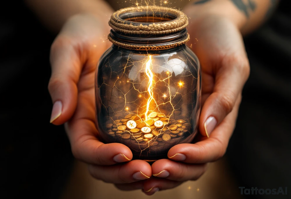 A tattoo that captures both the fragility of the jar and the treasure inside can be incredibly symbolic. Here’s a refined concept that integrates both elements:

### Cracked Jar with Glowing Treasure Inside:
- The Jar: The main design can be a clay jar, slightly cracked, representing human fragility.
- The Cracks: From the cracks in the jar, light pours out—symbolizing the divine treasure (God’s power) within. You can emphasize the cracks with golden lines (like kintsugi) to show that even in brokenness, there is beauty.
- The Treasure: Inside the jar, you could depict glowing treasures, such as gold coins, a radiant heart, or even spiritual symbols like a cross, a dove, or a light-filled crown. The treasure doesn’t have to be too literal—just enough to show that what’s inside is precious and divine.

### Additional Elements:
- Hands Holding the Jar: To further emphasize fragility and care, you could add divine or human hands gently holding the jar, symbolizing protection despite its weakness.
- Scriptural Reference: Around or beneath the jar, you could include "2 Corinthians 4:7" in a graceful script to anchor the design in its biblical meaning.
  
This concept unites the theme of human fragility and God's power, using the cracked jar as the vessel that reveals the treasure within. tattoo idea