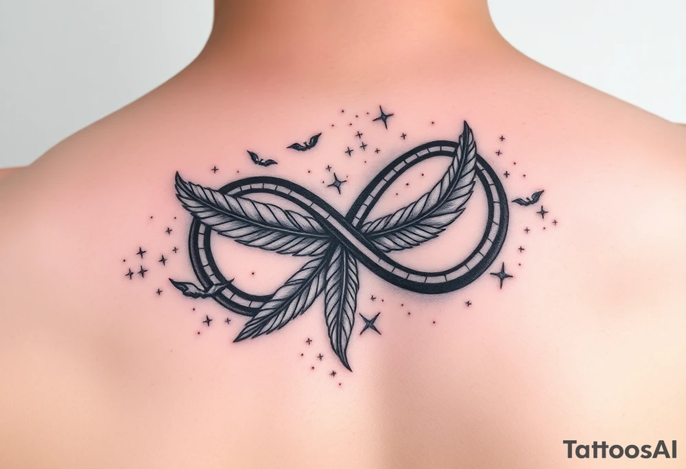 infinity symbol woven with floating feathers and stardust tattoo idea