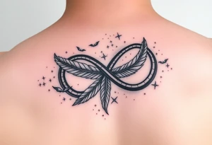 infinity symbol woven with floating feathers and stardust tattoo idea