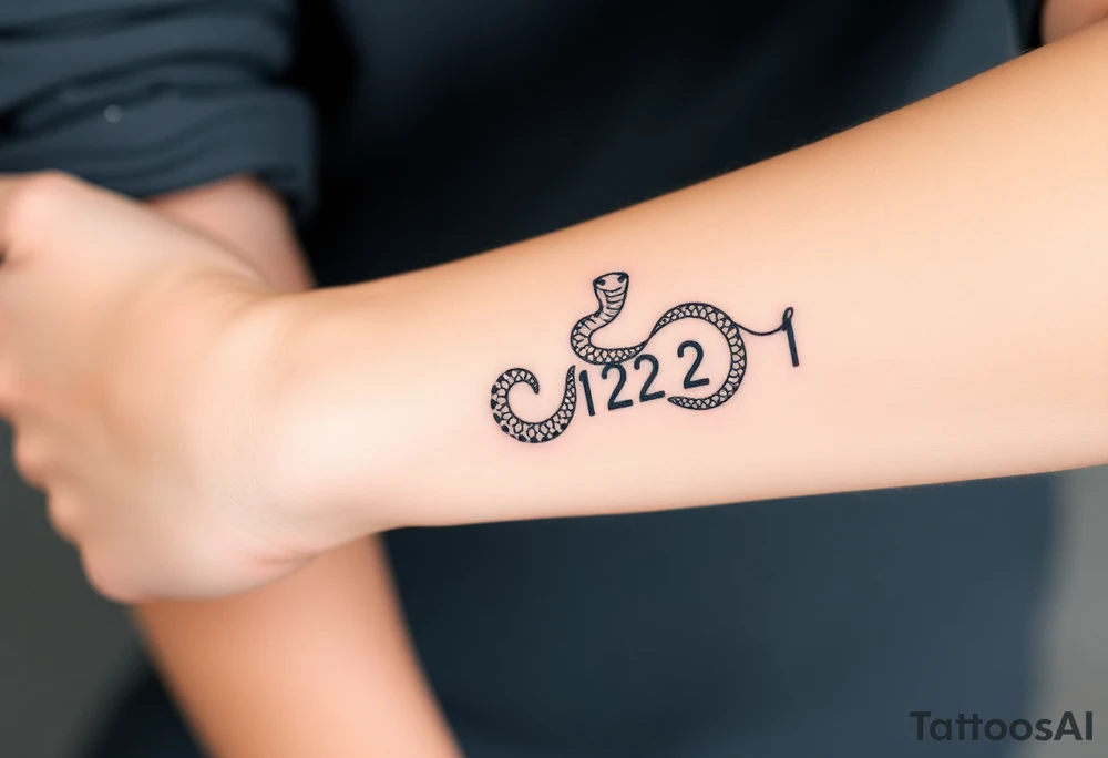 I want a small simple silhouette lines black and white wrist princess like girl snake tattoo that has number 12821 on its body along and also I want it to represent feminine energy crown queen Cycle tattoo idea