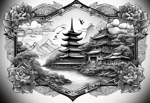 The background of the tattoo as a world map with a small buddhist shrine at the bottom for the back of a forearm tattoo idea