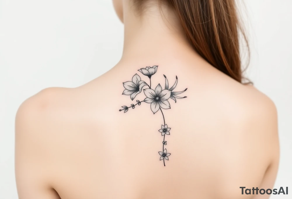 botanical tattoo with flowers such as tulips and lilies and cherry blossoms on the upper arm tattoo idea