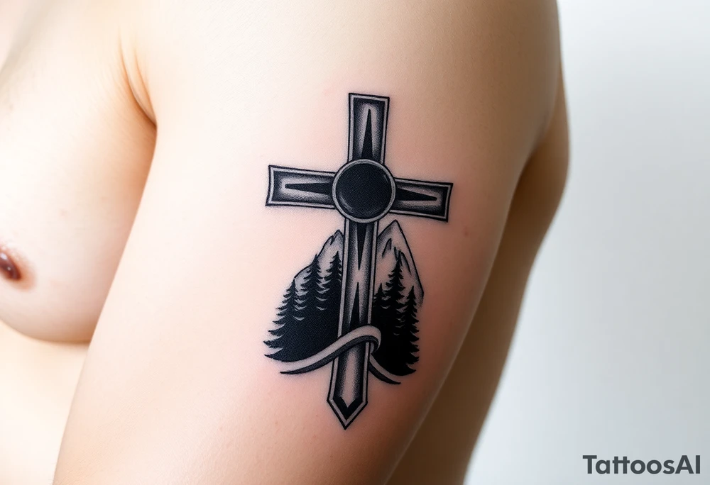 russian orthodox cross with the diagonal line at the bottom with a light forrest with a light mountainous setting tattoo idea