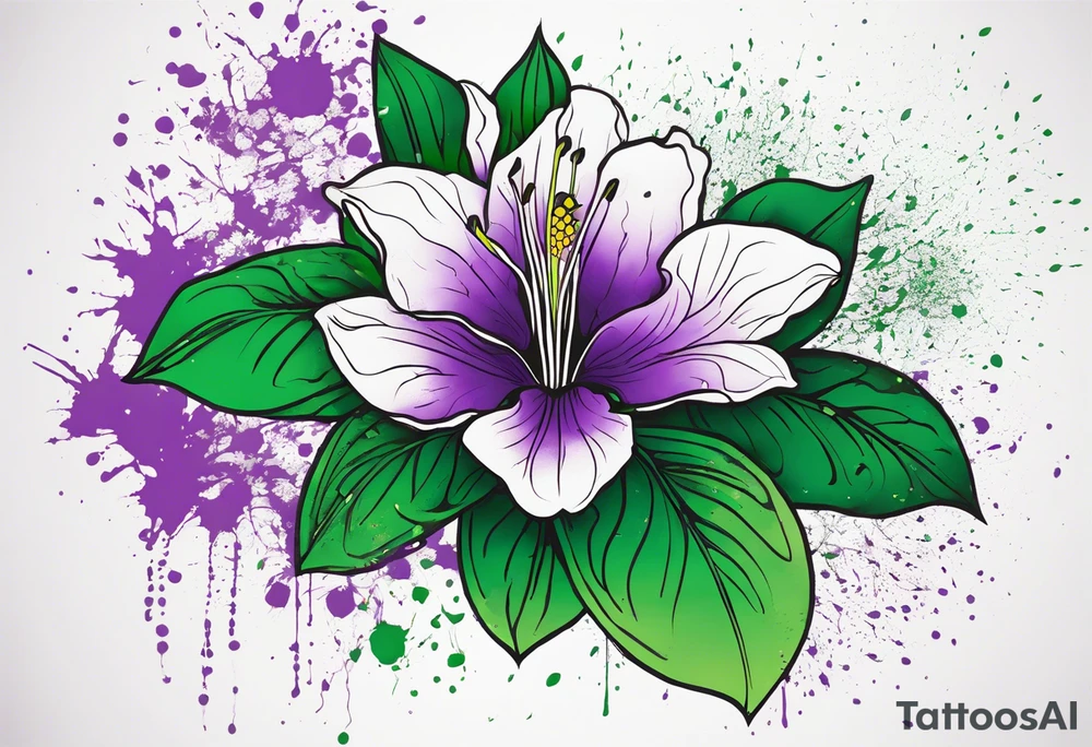 An outline of a rio dipladenia flower with a splatter green and purple background tattoo idea