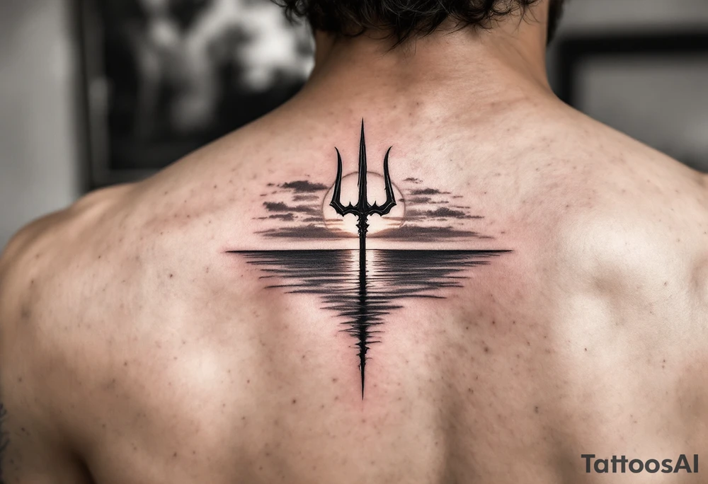 trident half way under calm water with sunset tattoo idea