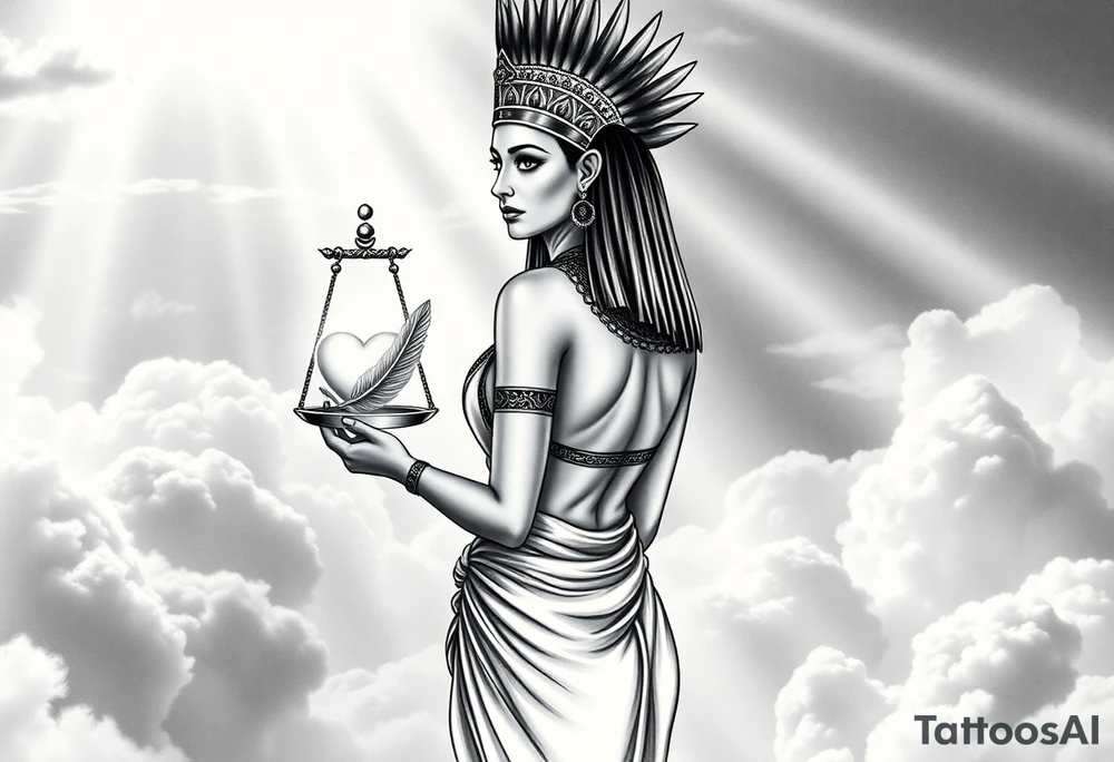 beautiful Egyptian goddess stands with her back slightly turned, accentuating her figure. Wearing a silk gown. She wears an elaborate ostrich feather headdress and ornate, intricate ancient Egyptian jewelry draped across her body. Her expression is mysterious and confident. In one hand, she holds the Scales of Justice: one side holds a radiant, glowing heart; the other, Ma’at’s feather. The scales themselves shimmer with an otherworldly light.
The background is a surreal, heavenly landscape filled with luminous clouds and beams of divine light piercing through, creating dramatic contrasts of deep shadows and highlights. The entire scene is bathed in an ethereal, mystical glow, with a dreamlike, almost supernatural atmosphere. tattoo idea