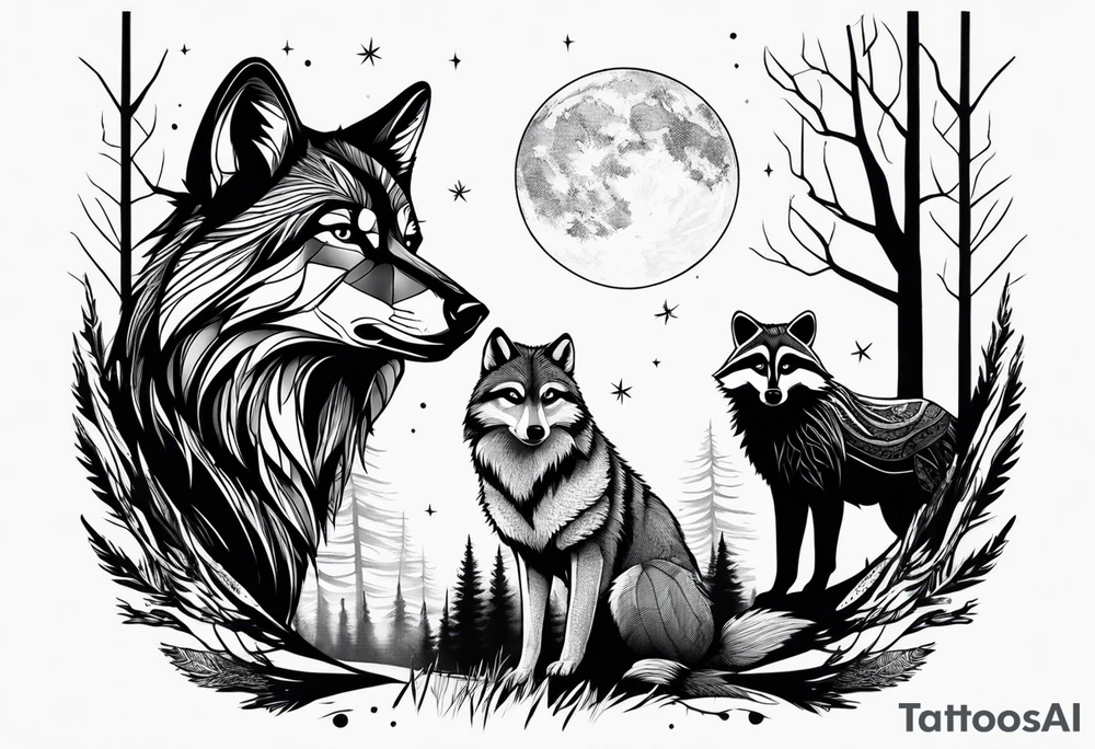 Ultra realistic Wolf and raccoon
Background Woods tattoo idea