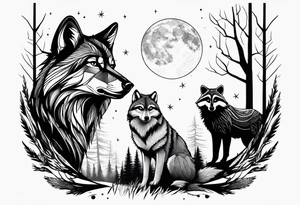 Ultra realistic Wolf and raccoon
Background Woods tattoo idea