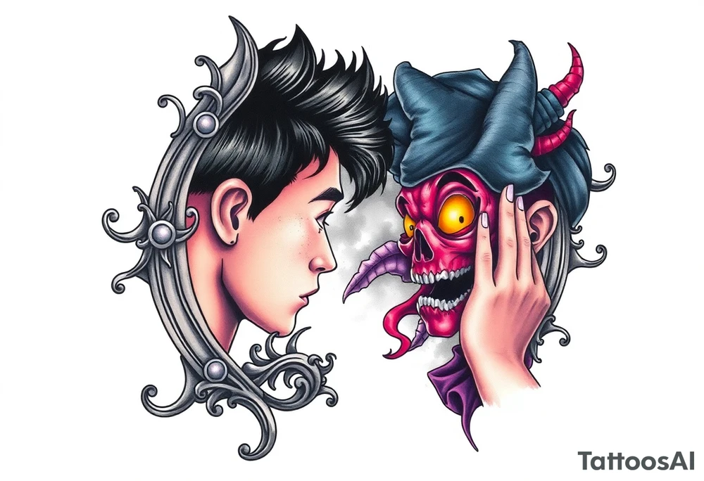 Handsome Asian young guy is looking in cursed mirror and see a witch tattoo idea