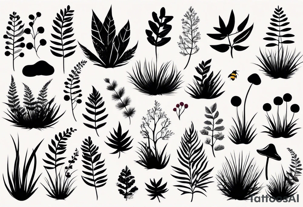 forest floor inspired minimalist tattoo, which includes grass, curly ferns, moss and dead leaves as the bulk of the tattoo. details to include: forest berries, a tiny bumblebee flying nearby, three small brown mushrooms
Generate a vertically long one tattoo idea
