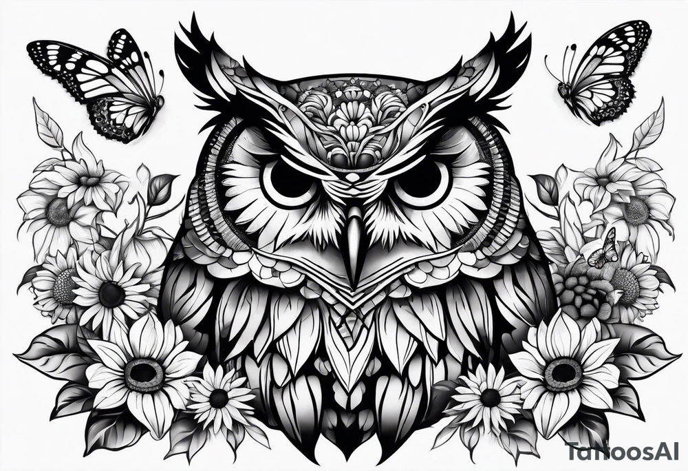 Small owl with sunflowers and butterflies arm sleeve tattoo idea