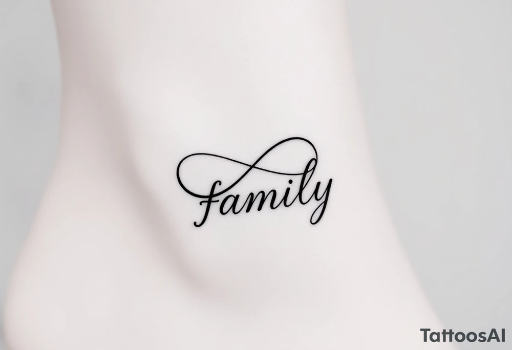 A flowing infinity symbol intertwined with the word "family" written in elegant cursive, symbolizing endless love and connection tattoo idea