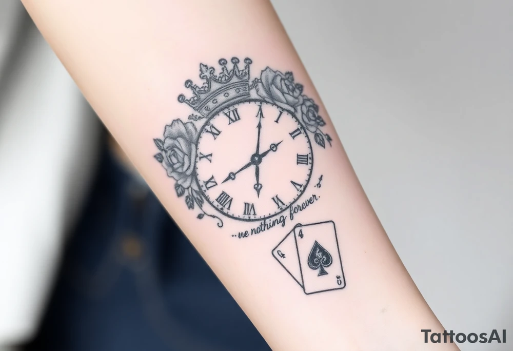 Roman clock with roses and a crown, a quote that says nothings forever. and on the bottom a deck of cards tattoo idea