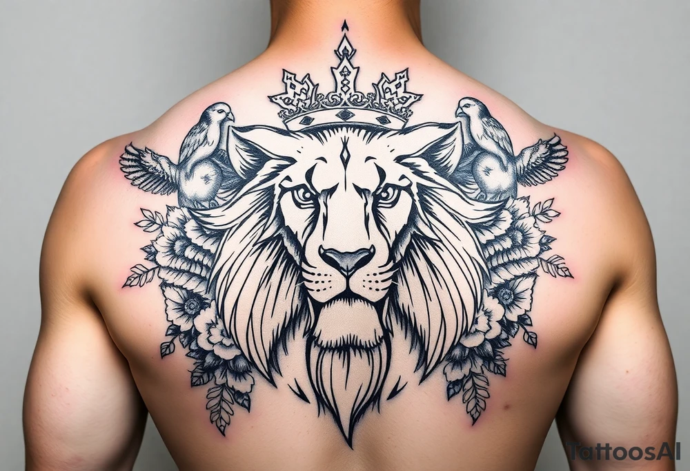 powerful majestic lion with a crown, surrounded by floral ornaments and birds tattoo idea