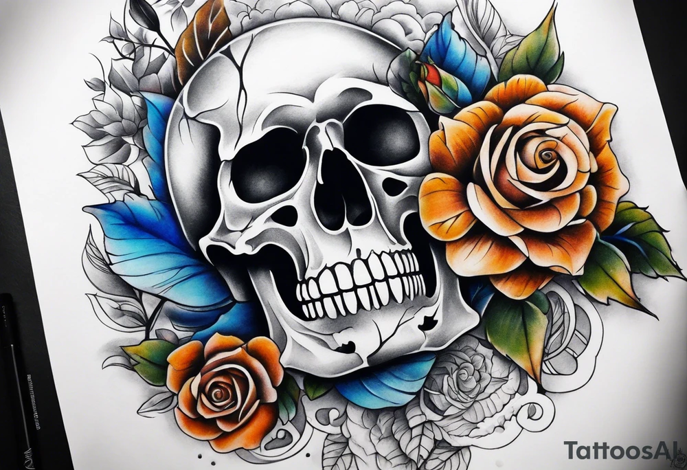 Front knee tattoo with fall colors, small flowers, rose, style skull, leaves, blue water flows with washes and background tattoo idea