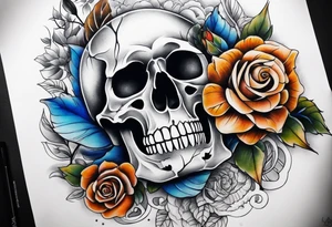 Front knee tattoo with fall colors, small flowers, rose, style skull, leaves, blue water flows with washes and background tattoo idea