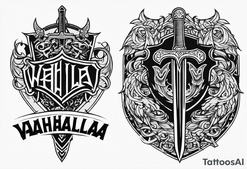 Valhalla scene sword shield tattoo idea