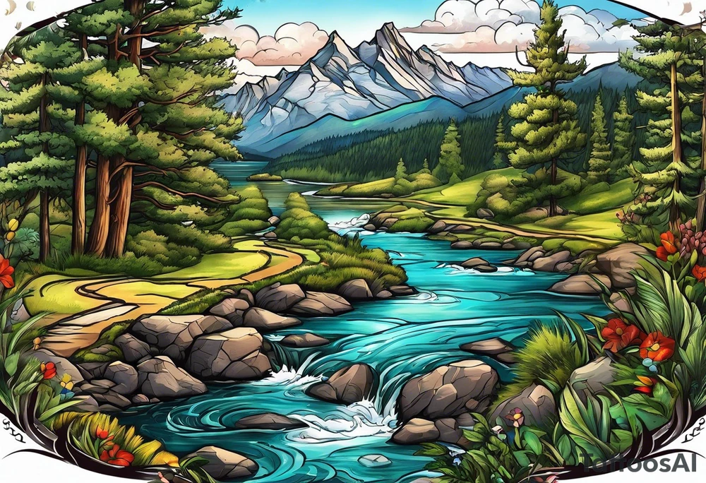 Road, mountain, trees, river, compass tattoo idea
