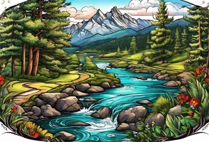 Road, mountain, trees, river, compass tattoo idea