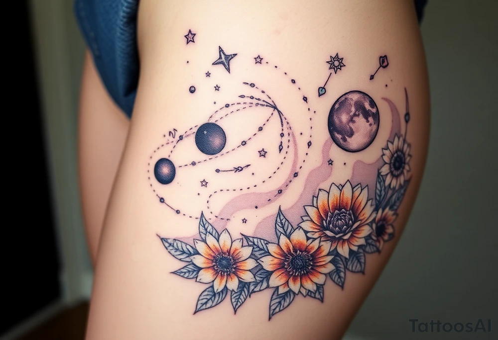Milky way galaxy with planets with zodiac symbols and protection runes in it with tigerlillies roses and sunflowers tattoo idea