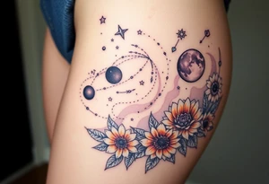 Milky way galaxy with planets with zodiac symbols and protection runes in it with tigerlillies roses and sunflowers tattoo idea
