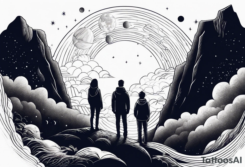 Two people standing together on Cliff looking at the universe tattoo idea