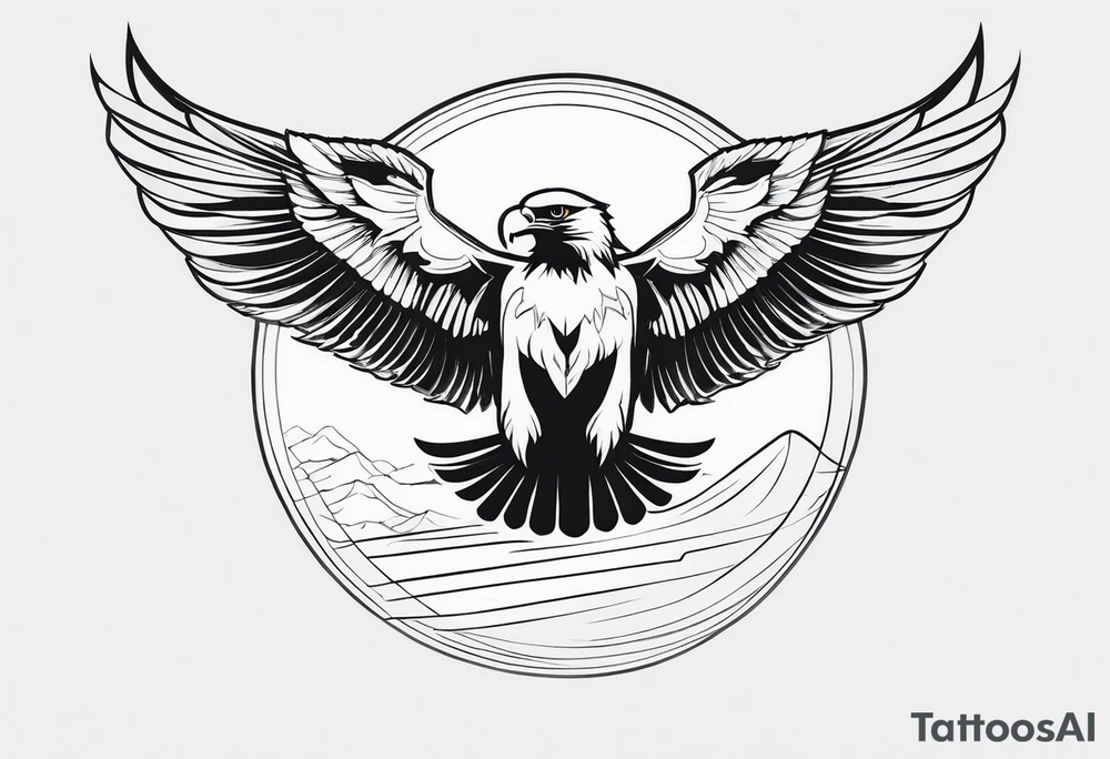 black and white, a flying eagle and a rising sun tattoo idea