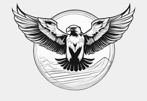 black and white, a flying eagle and a rising sun tattoo idea