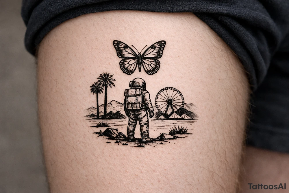 Coachella music festival, without the title of the festival, with astronaut, butterfly tattoo idea